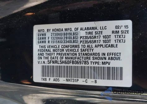 2015 Honda Odyssey Ex-L from USA, damaged, VIN 5FNRL5H60FB069785